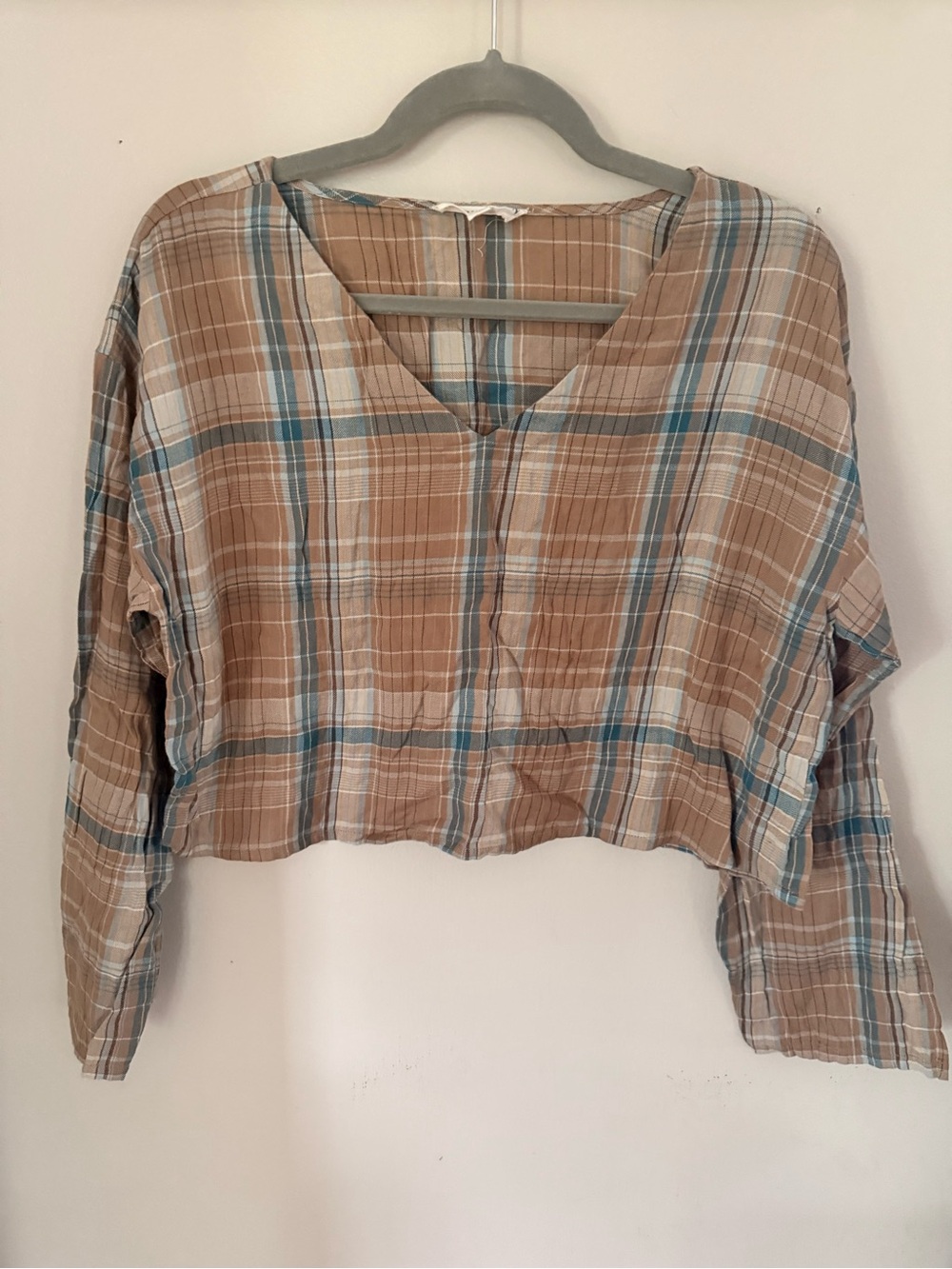 Plaid V-Neck Cropped Top in Beige and Blue
